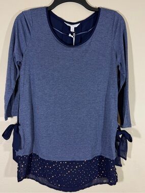 Lauren Conrad Blue Layered Tie Side Tunic Top Size S Polka Dot Chiffon Hem